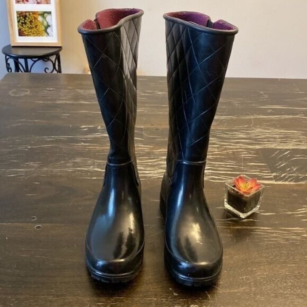 SPERRY Black rubber pull on tall rain boots heel waterproof women size 10 - Picture 2 of 5